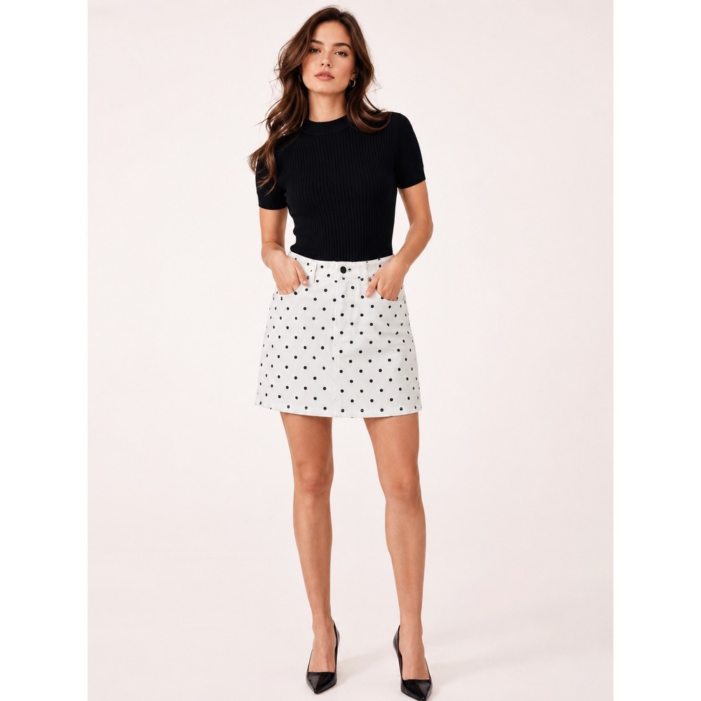 Boston Proper Polka Dot Skirt Womens 8 White Good Denim Mini Quiet Luxury